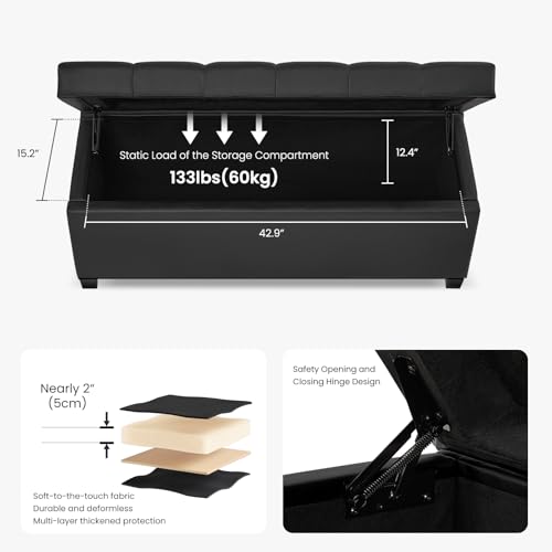 kinmars 47.2" Ottoman with Storage, Storage Ottoman Bench with Safety Hinge,Tufted End of Bed Bench, Upholstered Entryway Bench for Bedroom, Living Room & Window (Black-Upgraded Version)