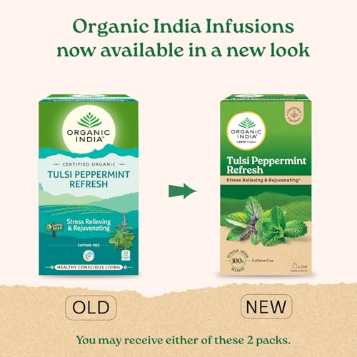 Image of ORGANIC INDIA Tulsi Peppermint Refresh 25 Tea Bags || Stress Relieving & Rejuvenating || Feeling Refreshed || Tulsi Tea - 25 Tea Bags