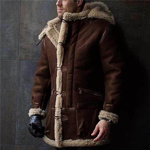 Men's Shearling Leather Coat Suede Sherpa Lined Fleece Sheepskin Pea Coat Jacket Faux Fur Vintage Long Trench Coat2