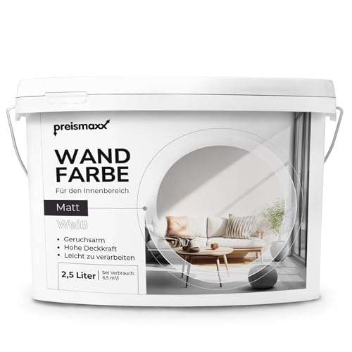 Preismaxx Profiweiß Wandfarbe weiß 2,5L, hohe Deckkraft, Dispersionsfarbe innen, Innenwandfarbe Raumfarbe deckend, Deckkraftklasse 2, matt Innenfarbe Profi Qualität