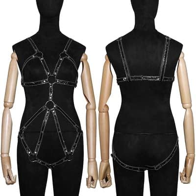 女性用PUレザーストラップ裏地なしブラトップTバックレオタードメタルチェーンGストリングボディスーツブルー（ブラック）