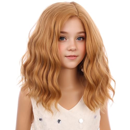 Image of PATTNIUM Strawberry Blonde Wig for Kids Child Short Curly Wavy Blonde Brown Wig Girl Side Part Shoulder Length Hair Synhhetic Wig