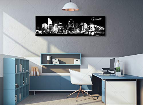 Image of DJSYLIFE- Cincinnati Skyline Wall Art,Black and White Stretched Canvas Wall Art Prints for Bedroom or Office Decoration, Ready to Hang 13.8 inchx47.3 inch | Gallery Wrapped Canvas with Durable Wood Frame, Waterproof Surface, Easy to Hang in Bedroom,Living Room or Home office