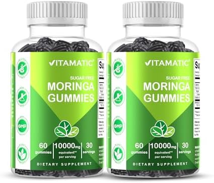 Vitamatic 2 Packs Sugar Free Moringa Gummies- 10000 mg Equivalent Per Serving (from 50:1 Extract 200 mg)- Complete Green Superfood 20X Extract – 60 Pectin Based Gummies