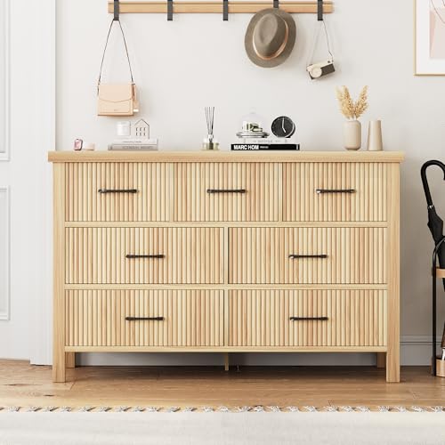 Jocoevol Fluted 7 Drawers Dresser for Bedroom, Modern Chest of Drawers with Metal Handle, Wood Dresser TV Stand, Wooden Closet Clothes Storage Organizer for Living Room, Hallway (Natural Oak) - Image 9