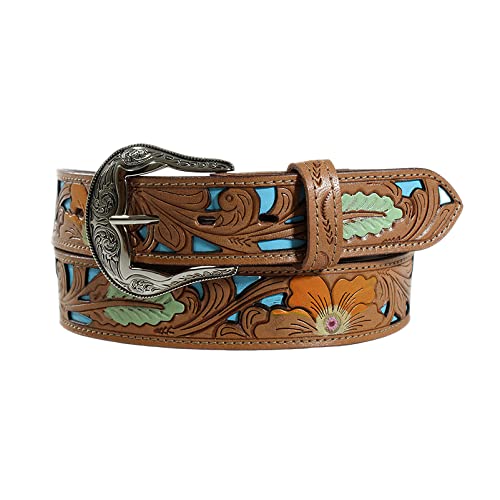 ARIAT Women's Hand Painted Floral Embossed Leather Belt with Blue Underlay