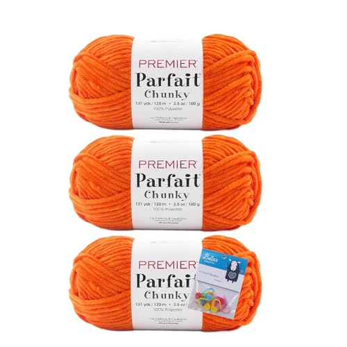Image of Premier Yarns Parfait Chunky Chenille Yarn 3.5 Oz 6 Super Bulky Weight 3 Pack Bundle with Bella's Stitch Place Holders (Carrot)