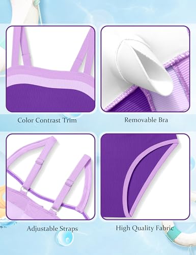 Image of Shallmu Girls Swimsuit Color Block Adjustable Straps One Piece Summer Bathing Suit for Girls 9-16 Years