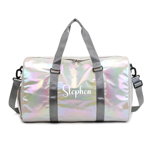 Personalized Gym Bag for Women & Kids - 32L Waterproof Duffle Bag with Wet Pocket, Shoe Compartment & Embroidery Name | Travel, Sports, Overnight Foldable Weekender(White)