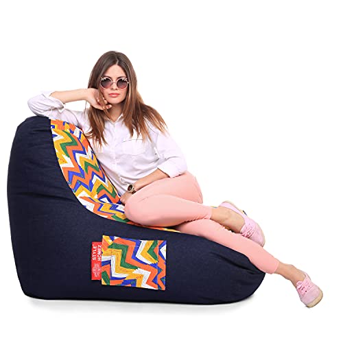 Image of Style Homez Urban Design Denim Canvas Geometric Printed Chair Bean Bag XXL Size Filled with Beans Fillers