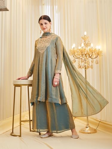 Image of MOKOSH Women's Silk Anarkali Kurta Palazzo with Dupatta | Anarkali Kurti Set | Embroidered | Sweetheart Neck Full Sleeve Ethnic Suit | 3 Piece Outfit
