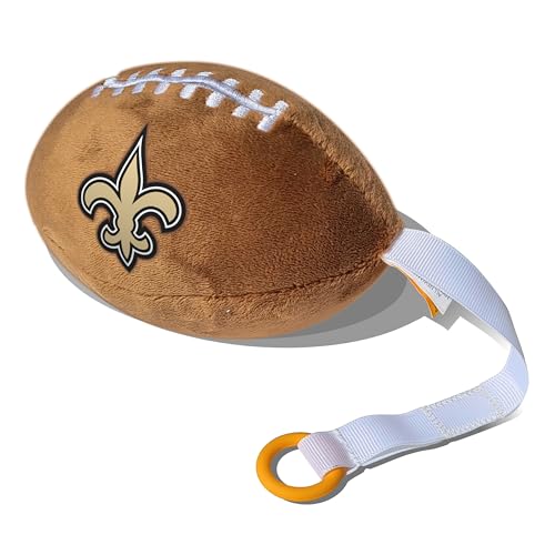 Image of New Orleans Saints Plush Football Pacifier Holder by Smilo - Officially Licensed NFL Soother Holder - Soft Plush Toy and Dummy Holder - Fits Any Pacifier - Stroller Accessory & Newborn Essential
