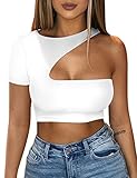 BEAGIMEG Women's Sexy Summer One Shoulder Cutout Crop Top Solid T Shirt White