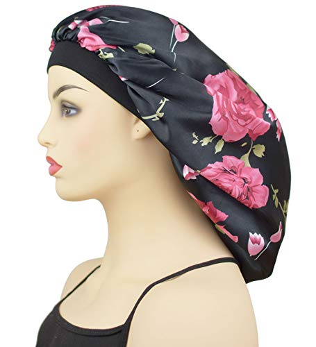 Extra Large Satin Sleep Bonnet Cap for Women & Girls, Elastic Wide Band Satin Bonnet Sleeping Night Cap & Hat for Natural Curly Hair Long Braids, Rose