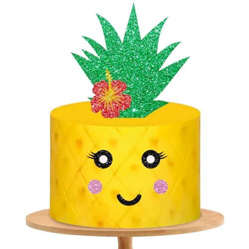 Big Pineapple Cake Topper, Pineapple Baby Shower Cake Decor, Green Glitter Pineapple Cake Topper Set With Eyes, Hawaiian Tropical Birthday Party Decoration