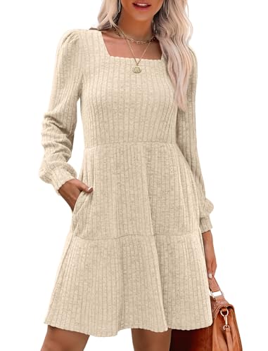 Image of Sampeel Womens Square Neck Long Sleeve Fall Dresses Casual Babydoll Sweater Dress