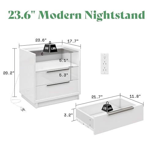 Image of AMERLIFE Nightstand, 23.6 inch End Table with Charging Station, Modern High Gloss Bedside Table with Glass Top, Spacious Drawers & Open Shelf, Easy Assembly, Bedroom Storage, White