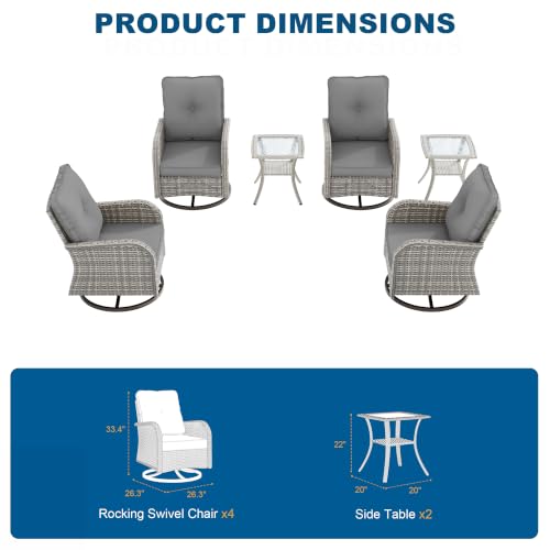 Image of 6-Piece Small Patio Furniture Set, Outdoor Swivel Rocking Chairs Set with Wicker Chairs and Tempered Glass Side Table, Outdoor Furniture Patio Bistro Set for Balcony, Deck, Porch