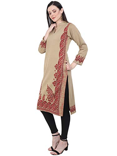 Image of Rosary Women's Winter Wear Embroidered Warm Woolen Straight Full Sleeve Kurti with Pockets