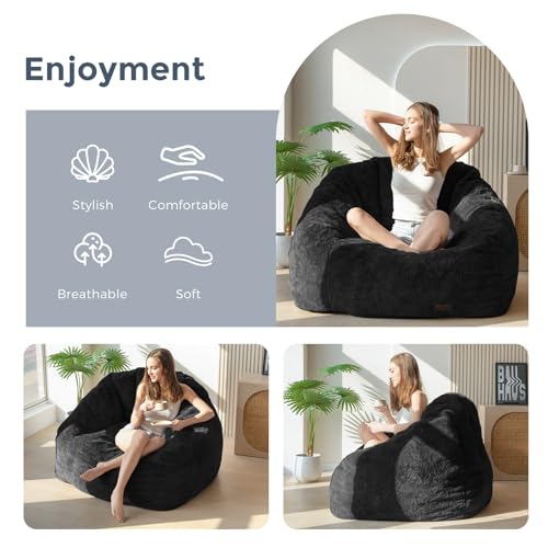 Image of MAXYOYO Giant Bean Bag Chair, Oversized Bean Bag Couch for Adults and Kids, Faux Fur Shell-Shaped Large Chair with Filler, Stuffed Big Accent Sofa Lounge Floor Sofa for Gaming, Reading, Black