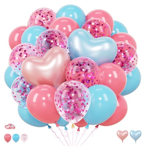 Image of Baby Pink & Baby Blue Heart Balloons Party Decorations - Heart Shaped Foil and Latex Balloon Decorations Set for Gender Reveal, Baby Shower, Kids Happy Birthday Party, Valentines, Wedding, Anniversary