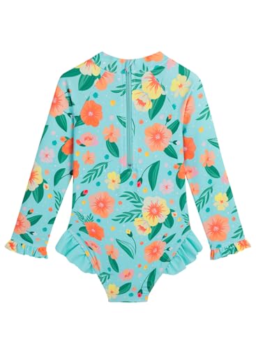 Image of Baby Toddler Girl Long Sleeve Ruffle Swimsuit One Piece Zipper Rash Guard Bathing Suit with UPF 50+ Sun Protection