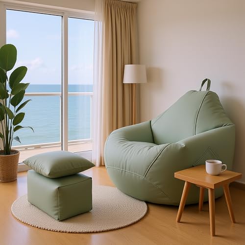 Image of 5XL Premium Leatherette Bean Bag with Rectangular Footrest & Cushion | High Density EPS Beans Filled | Teardrop Shape with Handle | 6 Months Warranty (Pastel Green, 5XL Combo Pack, Solid)