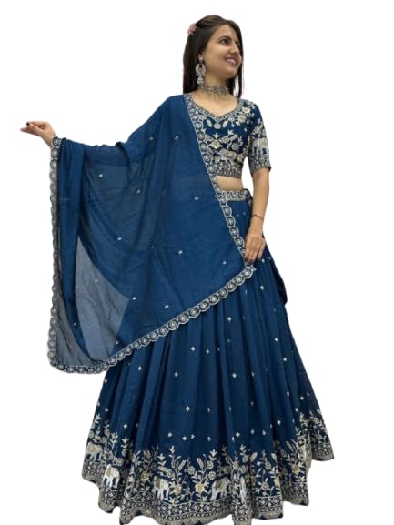 Embroidered Lehenga Choli with Dupatta, Navy Blue, Floral and Elephant Motif-picture-43