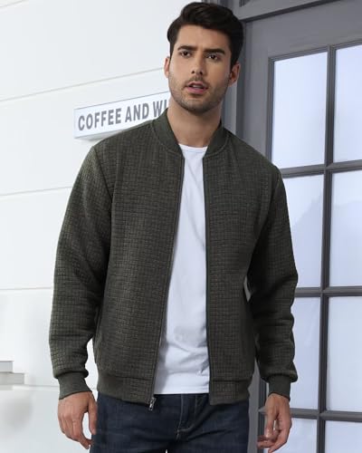 Image of YuKaiChen Mens Lightweight Bomber Jacket Casual Plaid Jacquard Varsity Jacket Coat with Zipper Pockets