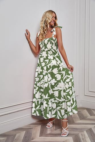 Image of kinstell Women's Summer Boho Spaghetti Strap Square Neck Ruffle Casual Flowy Long Dress Beach Swing Party Maxi Dress