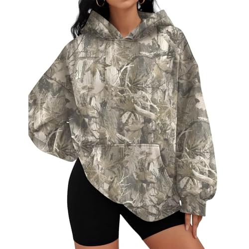 LOMON Hoodies for Women Oversized Sweatshirt Hooded Long Sleeve Casual Fleece Tops Pullover Sweater with Pocket Camo-brown Maple Leaf Print X-Large