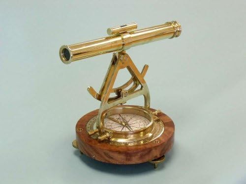 Nautical Brass Alidade Telescope with Compass Wooden Base Spyglass Pirate Survey Instrument Table Decor Best Gift Item 8 inches