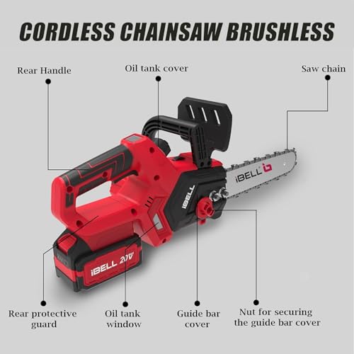 Image of iBELL BS20-12 Cordless Brushless Chainsaw | 1200W | 20V Max | 12 inch Guide Bar | 2 x 4.0Ah Li-Ion Battery | 4500 RPM | Tree & Branch Cutter with BMC - 12 Months Warranty