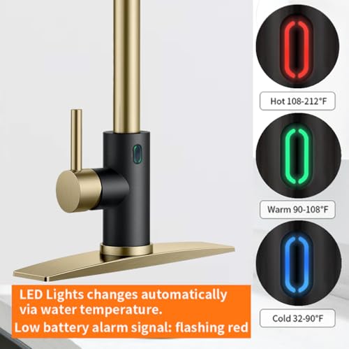 Touch-Less Kitchen Faucet, 3 Modes Pull Down Sprayer, LED Temperature Control,Sensor Activated,Ceramic Valve, 360-Degree Rotation, (Gold/Black)