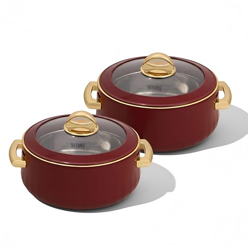 SELVEL Giving Shape to Life! Elegance Glass Lid Casserole | Premium Stainless Steel Insulated Hot Pot | See-Through Lid | Keeps Food Hot & Fresh (1700 ML and 1200 ML Set, Maroon)
