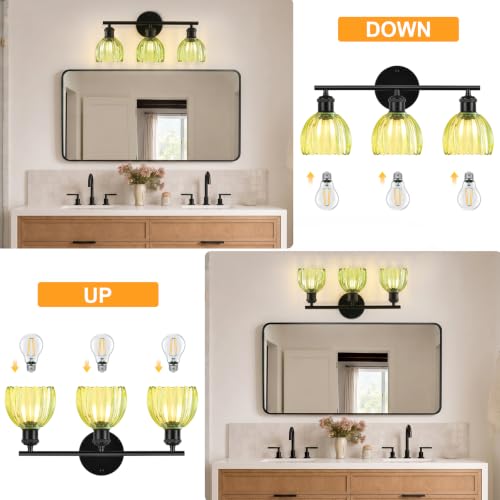 Image of Bathroom Light Fixtures, 3-Light Brushed Black Vanity Lights for Bathroom with Green Tulip Glass Shade, 20 inch Vintage Bathroom Vanity Lighting Fixtures Over Mirror for Bedroom Living Room Hallway