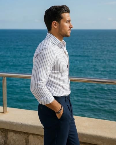 Image of IndoPrimo Men's Striped Shirt | Premium Slim Fit Full Sleeve Formal Casual Shirt | Button-Down Cotton Shirt for Office