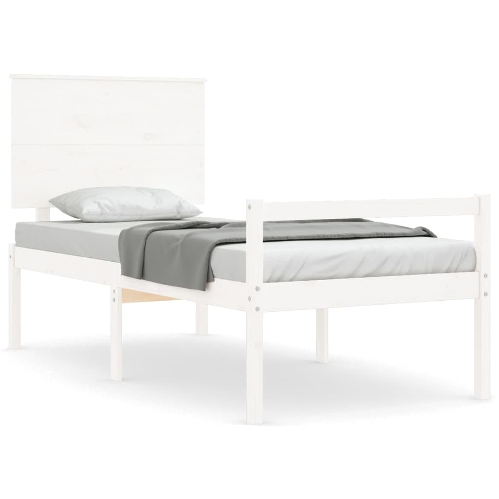 Seniorenbett 90x190 cm mit Kopfteil, Massivholz Kiefer Bettgestell in Weiß, Seniorengerechtes Holzbett mit 45 cm Sitzhöhe, Einzelbett für Senioren und Erwachsene
