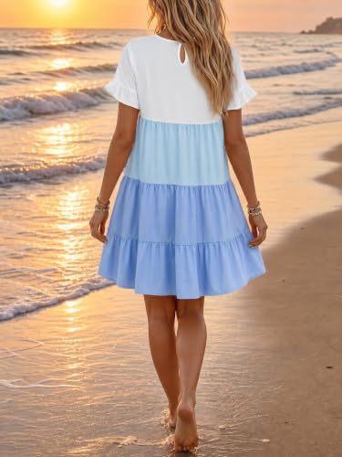 Image of Chuanqi Womens Ruffles Boho Floral Printed Babydoll Loose Swing Casual Short Mini T-Shirt Dress