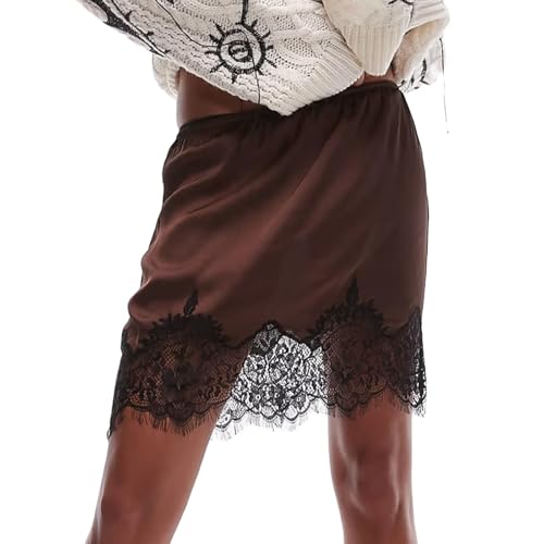 Damen-Unterrock mit Spitze, Seidensatin, niedrige Taille, mehrlagig, Rüschen, A-Linie, Minirock, Y2K, hoch fließender Unterrock, dunkelbraun, L