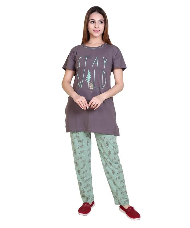 RG Summer Daily Night Wear Cotton Round Neck Printed Half Sleeve Top& Bottom for Women's (NS-04)