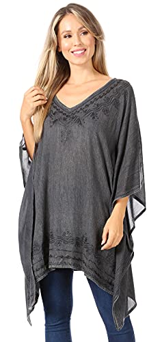 Image of Sakkas Wren Lightweight Circle Poncho Top Blouse with Detailed Embroidery