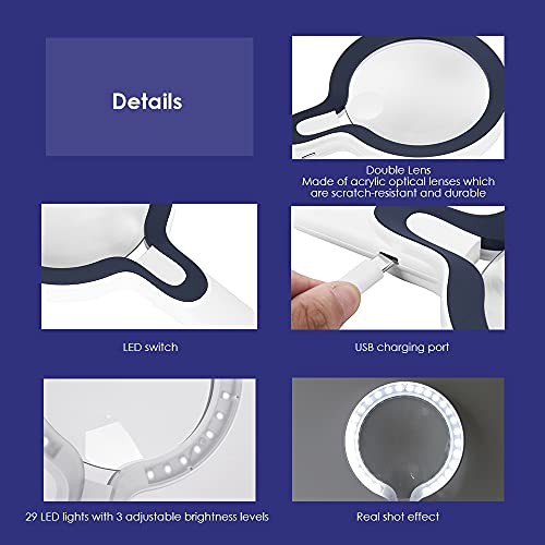 Daerzy Lupa de lente dupla 10X e 5X Lupa portátil Lente de lupa de grande diâmetro 3 níveis de brilh