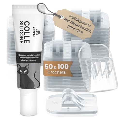 VAYPET® 50 Crochet Adhésif Mural & Colle Silicone [30ml] pour Filet pour Chat Balcon sans Perçage I Crochet Fixation Filet Chat, Crochet adhésif extérieur...