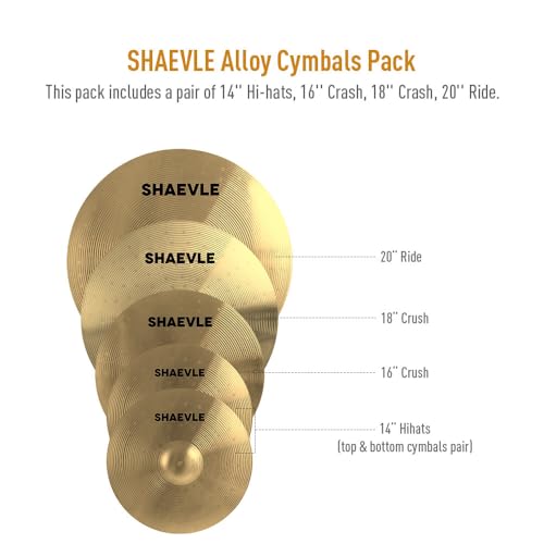 SHAEVLE Beckenset, 5 Stück Alloy Cymbal Set inkl. 14\ HiHat /16\ Crash /18\ Crash /20\ Ride Drum Cymbal Pack, Golden