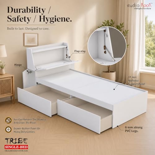 Image of Studio Kook Tribe Left Single Bed with Headboard Storage & 2 Drawers | Engineered Wood Bed | Fits 78 x 36 inch Mattress | Moonshine White | Mattress Not Included