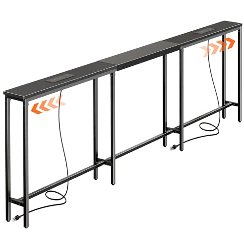 Huuger Narrow Sofa Table with 2 Power Outlets, 86.6-110.2 Inch Adjustable Length, Behind the Couch Table with USB-C Port, Long Entryway Console Table, Anti-tip Kit, for Living Room, Black