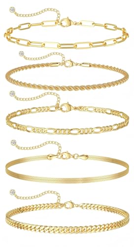 DEARMAY 14K Gold Plated Bracelets for Women Jewelry Sets for Trendy Dainty Stackable Paperclip Rope Snake Box Figaro Chain Bracelets Pack Costume Fashion Gifts