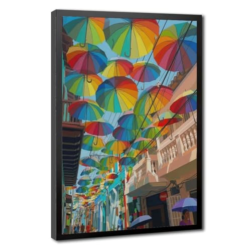 Toile parapluies colorés pour égayer un mur blanc terne de salon