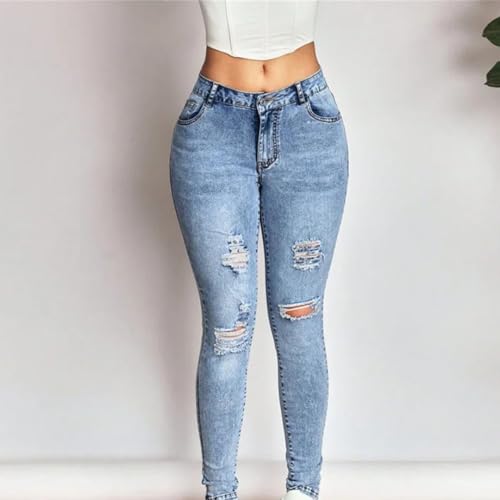Women’S High Elastic Bows Ripped Mid Waisted Pencil Jeans Skinny Fit Sexy Ankle Length Zipper Fly Streetwear Denim Pants3
